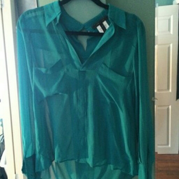 BCBG sheer turquoise button up - Picture 2 of 4