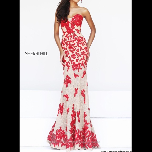 Sherri Hill Style 11120 Red and Nude Prom Dress