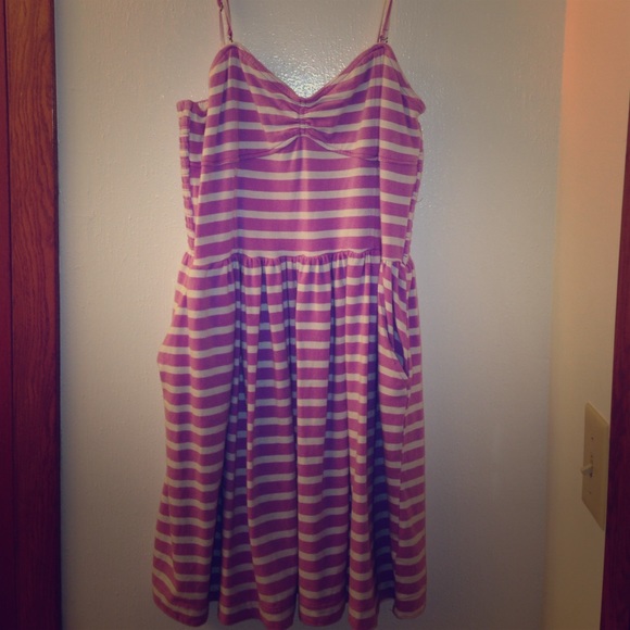 Lavender and white striped dress.