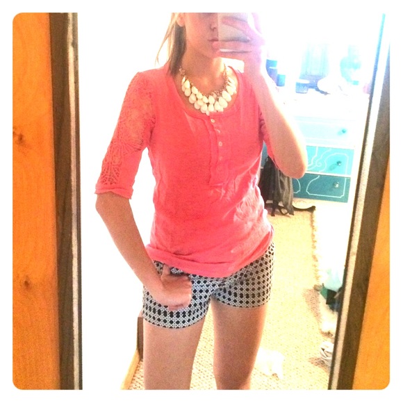 Coral top with lace sleeves