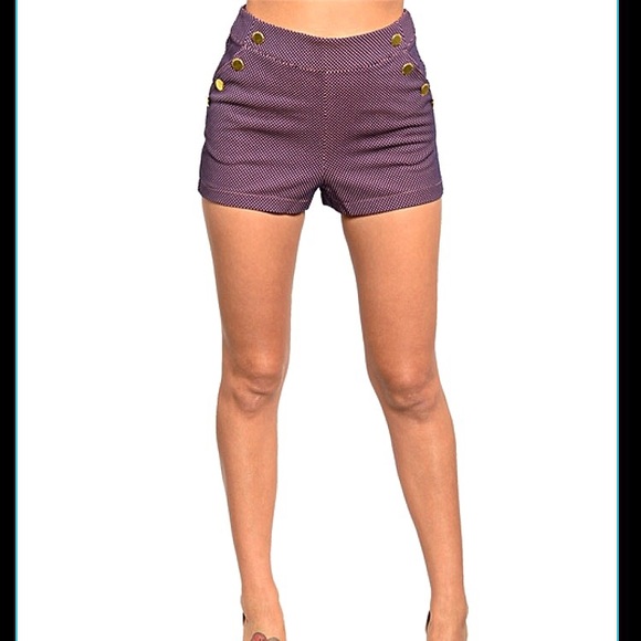 Navy blue pink high-waisted shorts gold buttons - Picture 2 of 4