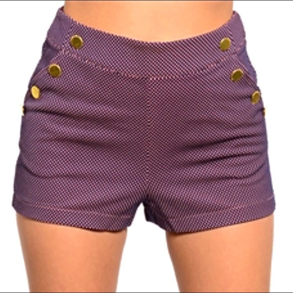 Navy blue pink high-waisted shorts gold buttons - Picture 4 of 4