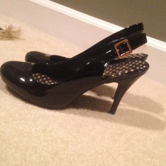 Shiny Black Strap Buckle Heels