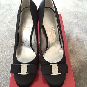 Brand new Ferragamo size 37.5 black satin pumps