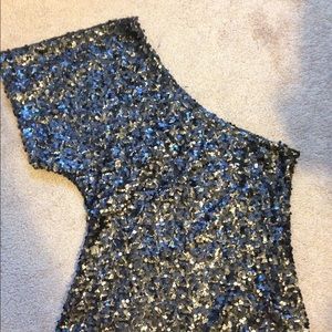 One shoulder, black and gold sequins top, Large.