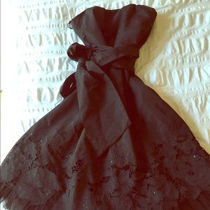 BCBG black strapless tea length party dress