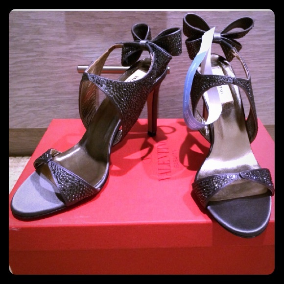 Valentino Grey Satin Crystal Bow Sandals Heels