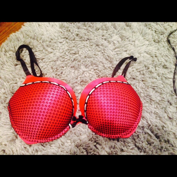 Victoria secret red and black lace bra.