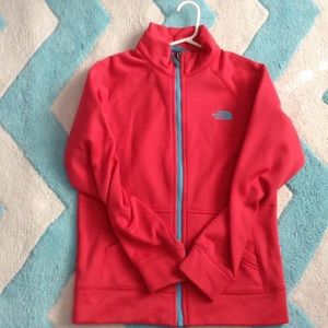 salmon and little bit of blue north face hoodie