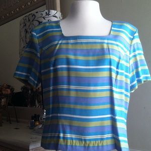 Light blue,green and yellow blouse and pants.