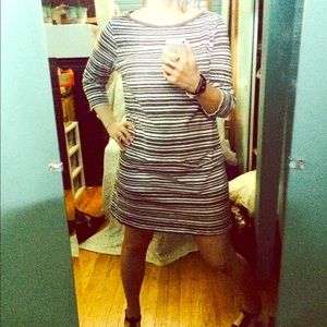 Gray & white horizontal striped 3/4 sleeve dress
