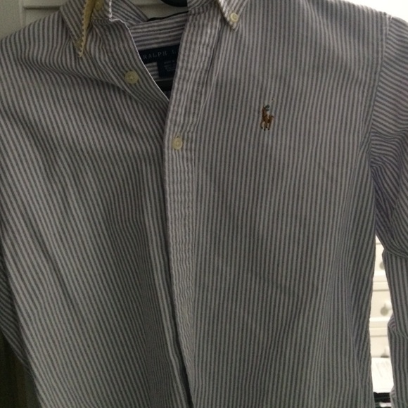 purple and white stripped polo