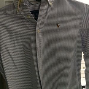 purple and white stripped polo