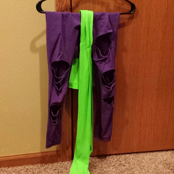Purple leggings with holes and lime green tights
