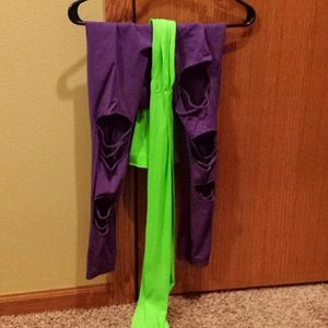 Purple leggings with holes and lime green tights