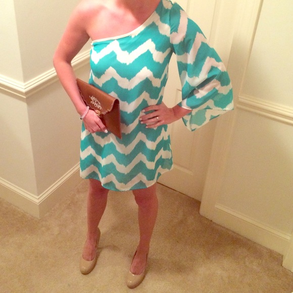 Turquoise chevron one shoulder dress