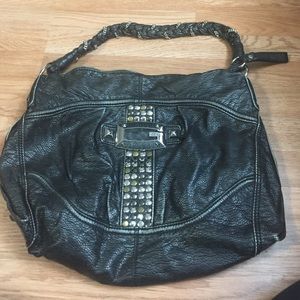 Black leather GUESS embellished handbag