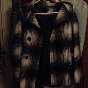 Black, gray, & white checkered jacket.