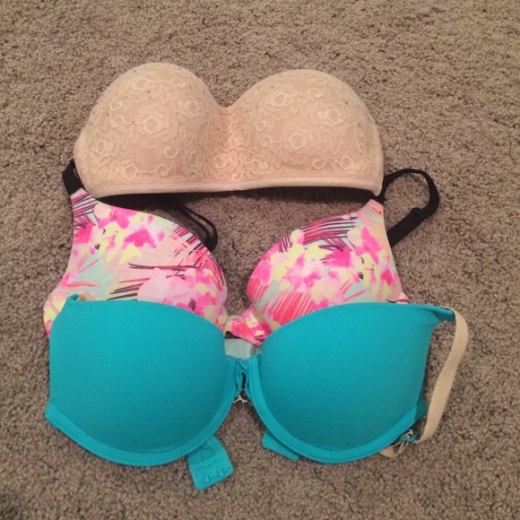 2 push up bras & one lacy bando. All are from PINK