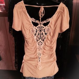 Lace/studded tie back top
