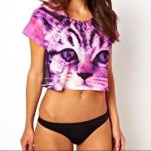 Asos cat print woven crop tea with a sheer back.