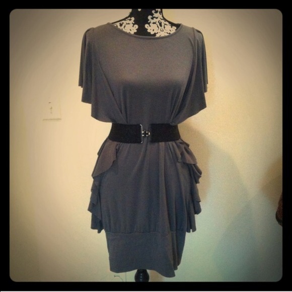 Gray Midi Flowy Ruffle Modern Dress