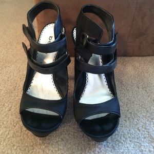 Bebe black satin high heel with Velcro straps