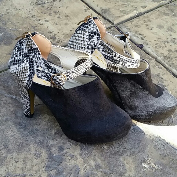 Black suede and faux snake skin heels