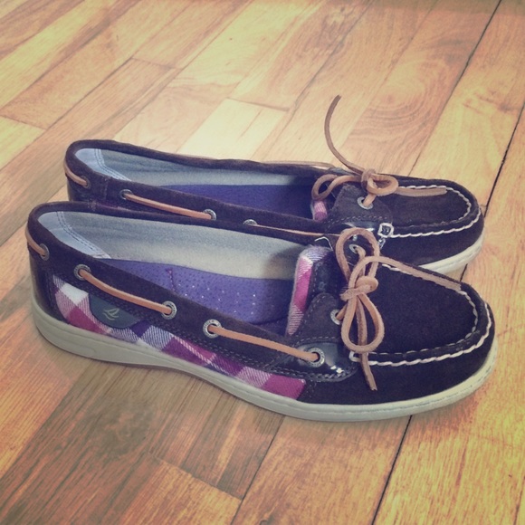 Sperry top-sided shoes, purple and pink plaid