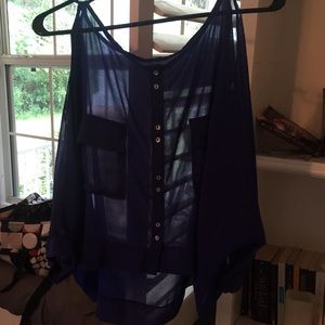Sheer dark blue crop top w/ open shoulders