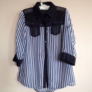 Black & white, sheer striped blouse.