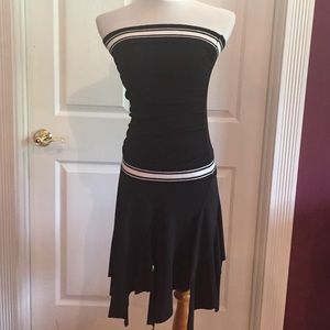 Black and white strapless dress by Prada.