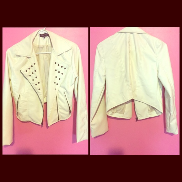 Cream Faux Leather Jacket w/ Studs