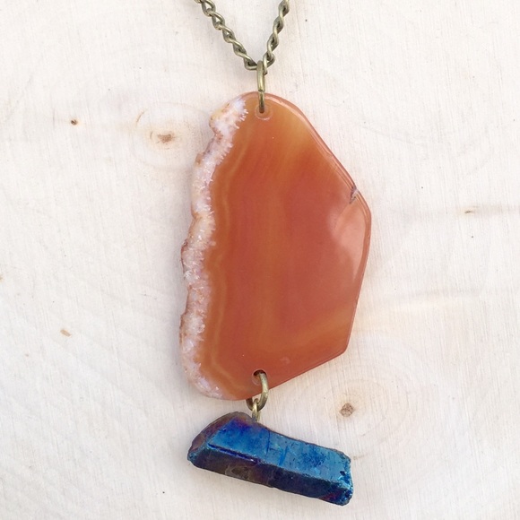 Agate & Aura Quartz Antique Brass Necklace