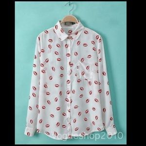 A Long Sleeved Chiffon Kisses Print Button Down