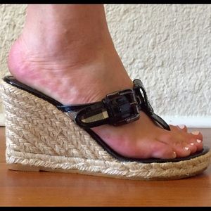 Burberry Wedge Sandals - Black Patent