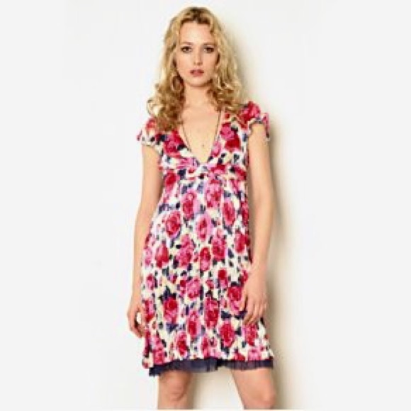Free People spring roses deep V silk dress