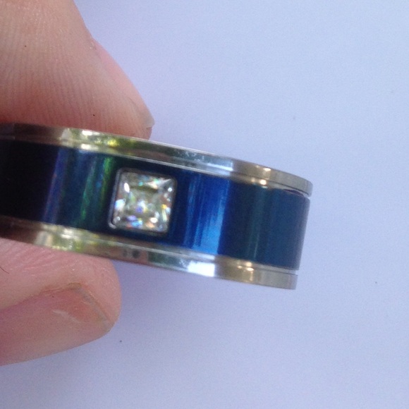 Blue titanium, silver strip, one diamond band ring