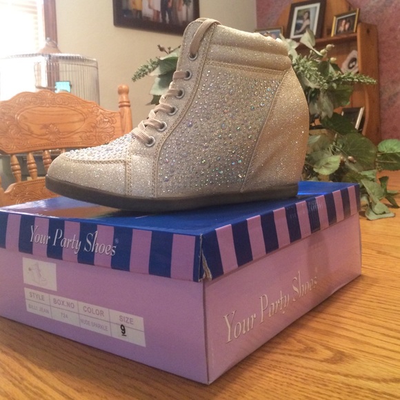 Your Party Shoes nude sparkle wedges