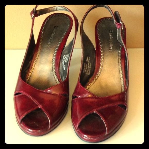 Red maroon sling back peep toe heels