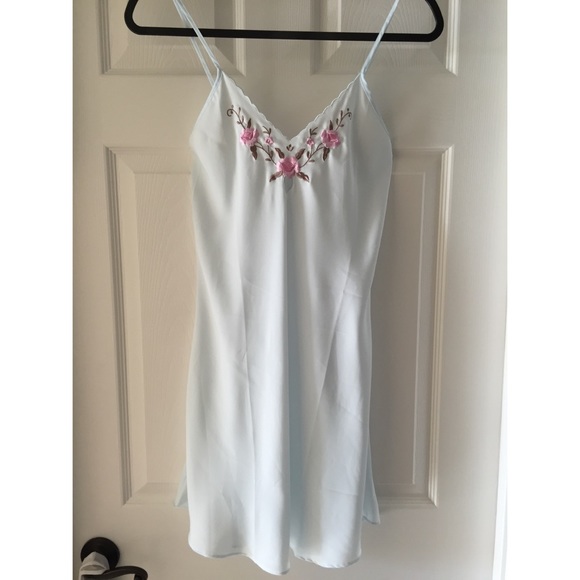 Pale blue silk slip with embroidered detail