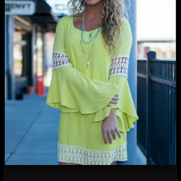 Lime Boho Woodstock Bell Sleeve Tunic Dress