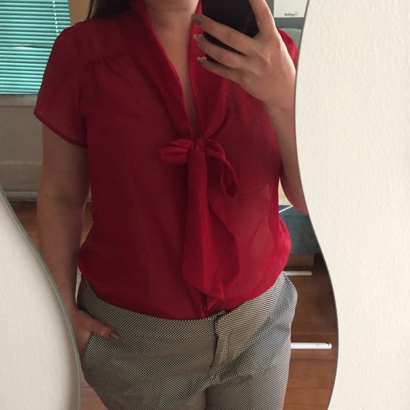 Sheer Red Tie Collar Blouse
