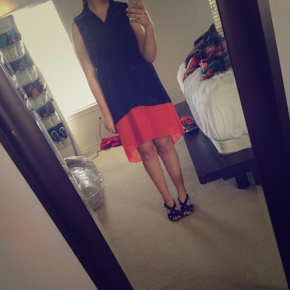 High-low navy blue and orange dress.