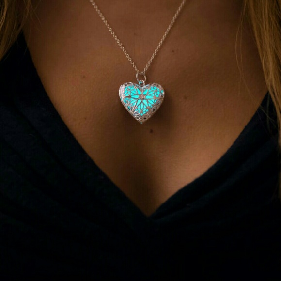 Aqua Glowing Heart Locket Necklace