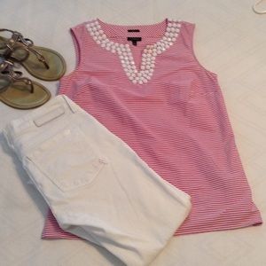 Bead embellished pink and white poplin blouse