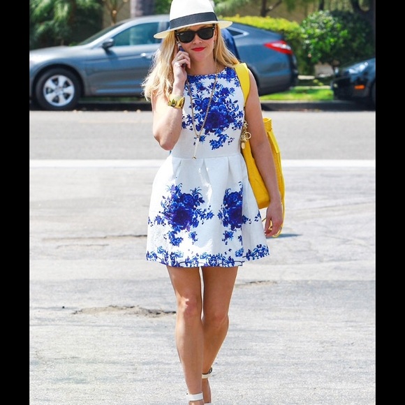 Oasap blue & white dress seen on Reese Witherspoon