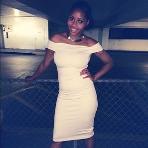 White Off the Shoulder Fitted Midi