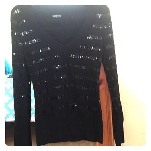 Express Black V-Neck Sweater with Sequin Stripes