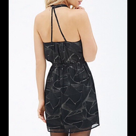Dress open halter cross back abstract print black